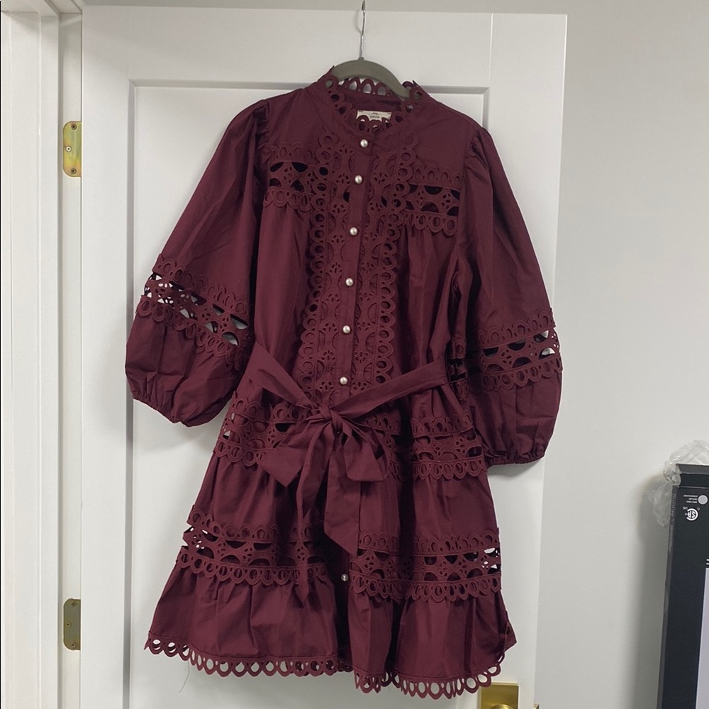 Burgundy Eyelet Dress with Belt